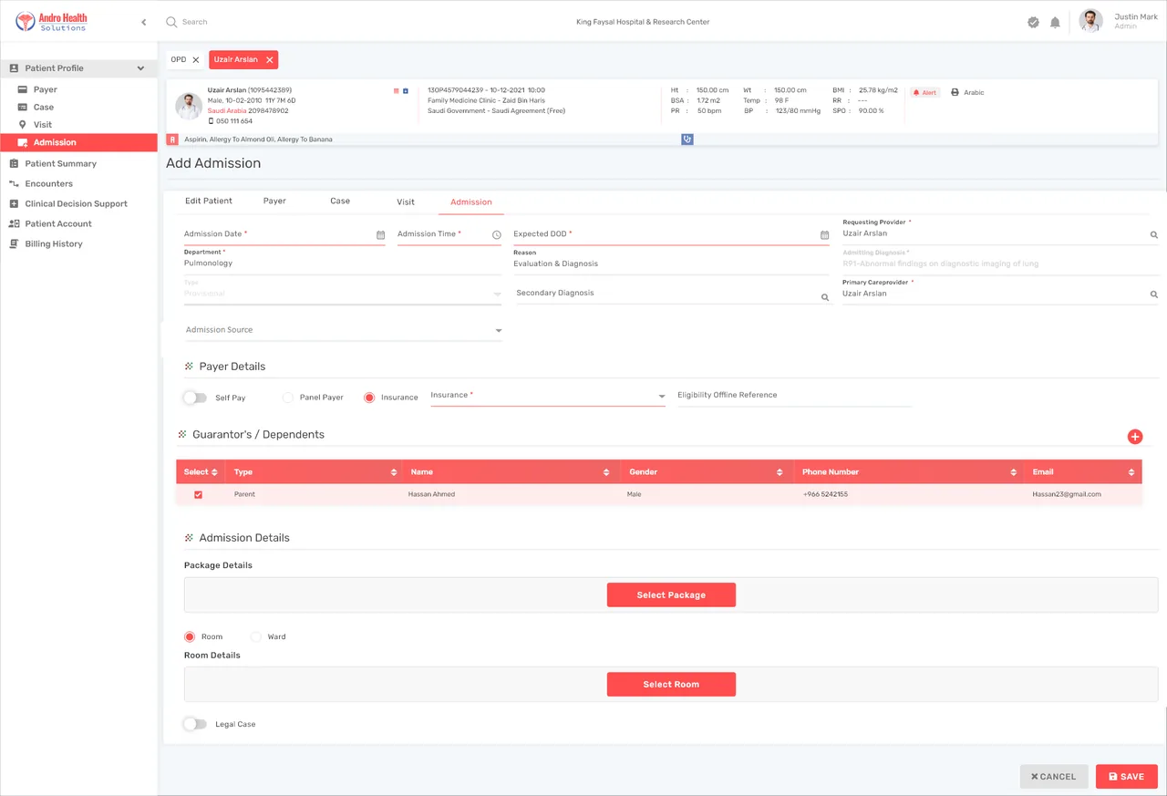Starting a direct admission from the patient profile