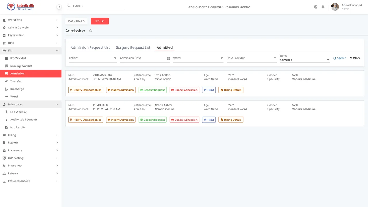 Admitted patients list screen