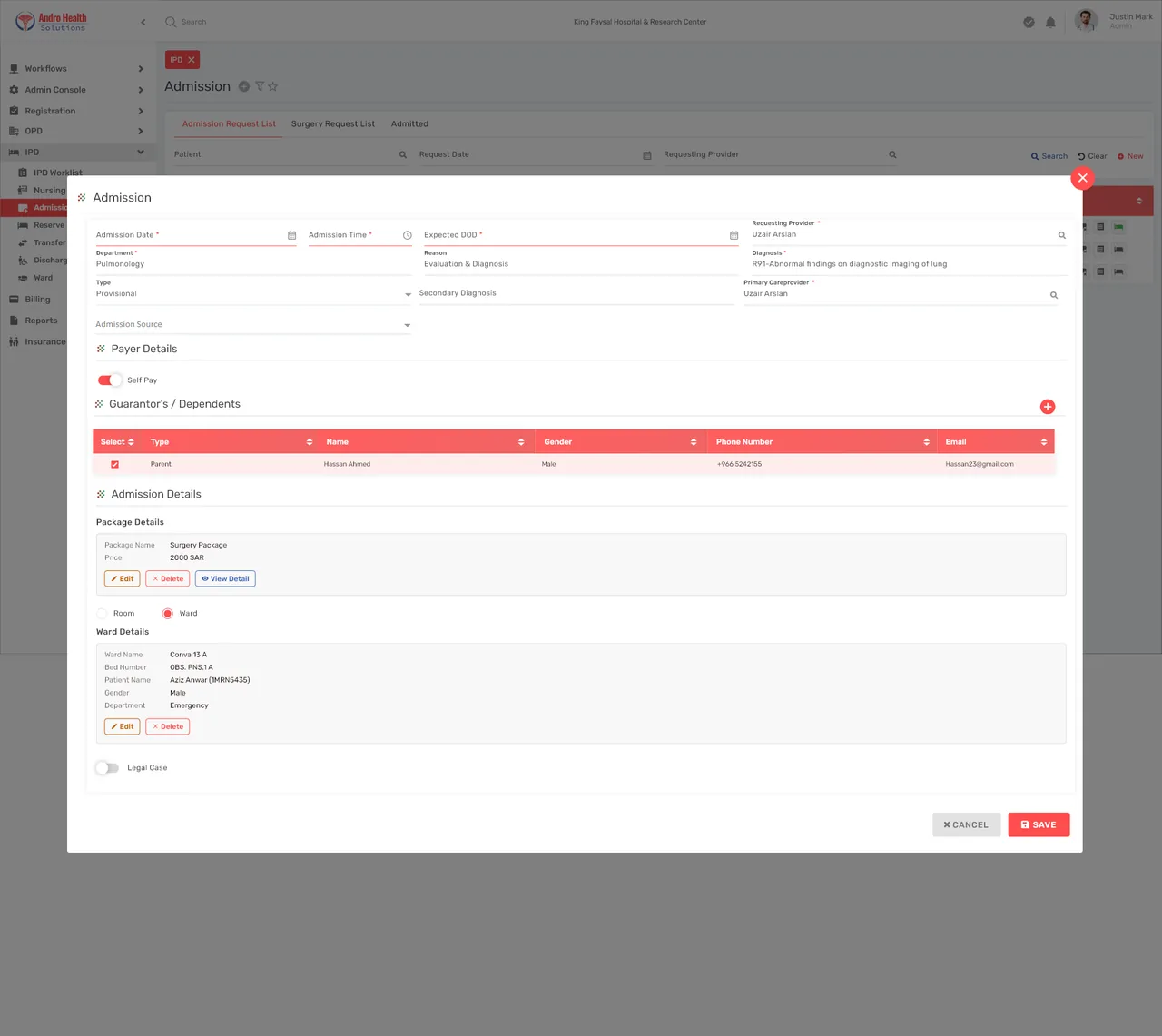 Modifying IPD admission details for an admitted patient