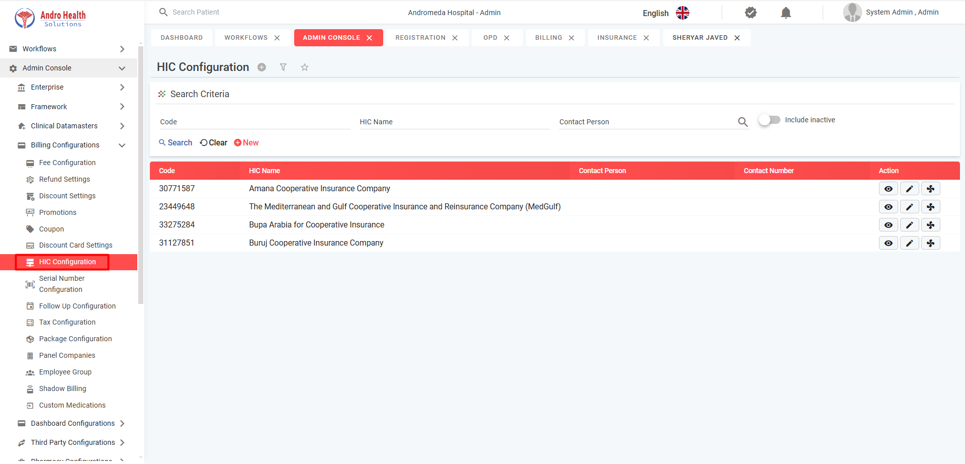 شاشة تكوين شركات التأمين في اندروهيلث تعرض قائمة شركات التأمين المُكوّنة مع الرموز وبيانات الاتصال