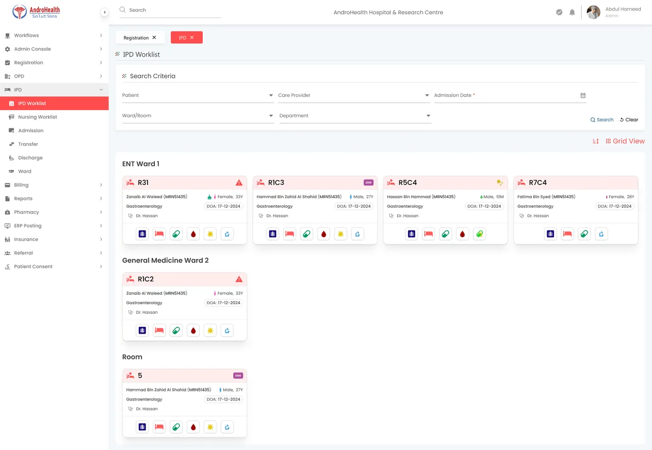 IPD Worklist with patient cards and quick-action icons