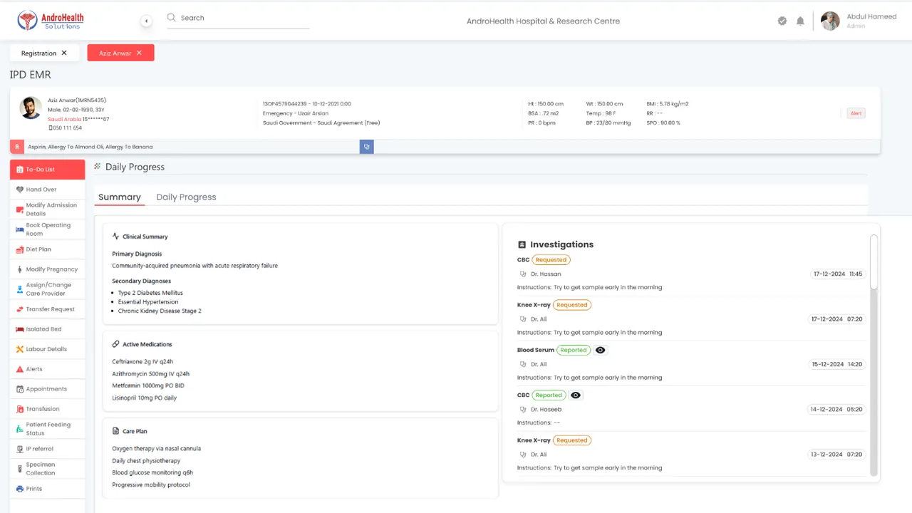 IPD EMR screen for an admitted patient