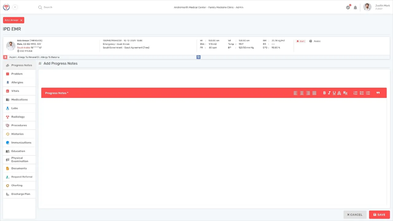 Adding a progress note in the IPD EMR