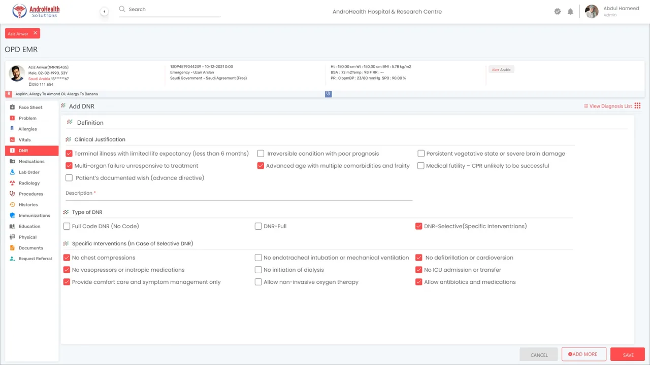 Add DNR form in the IPD EMR