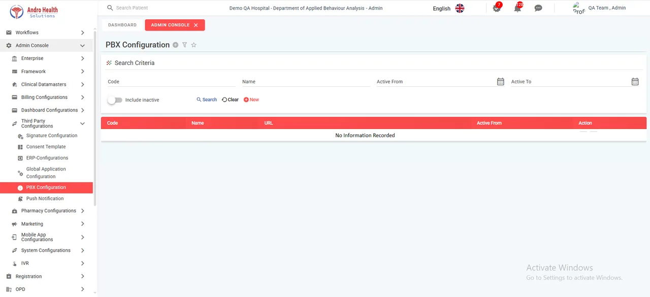 PBX (IVR) Configuration list screen in the AndroHealth Admin Console
