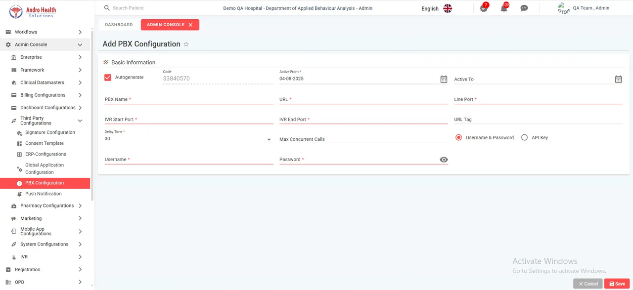 Add PBX Configuration form with connection details and max concurrent calls