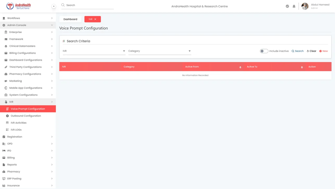 Voice Prompt Configuration screen in AndroHealth IVR settings