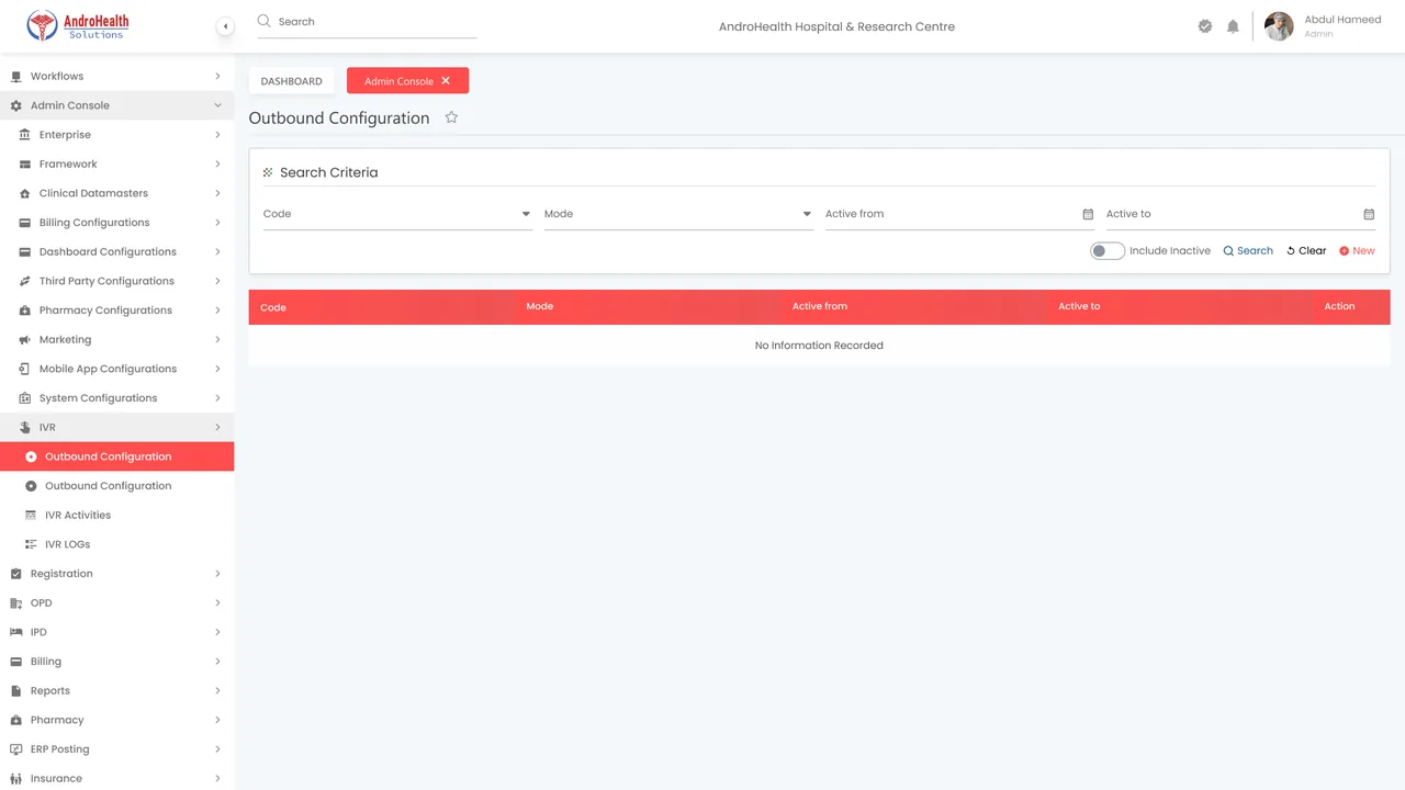 Outbound Configuration list screen