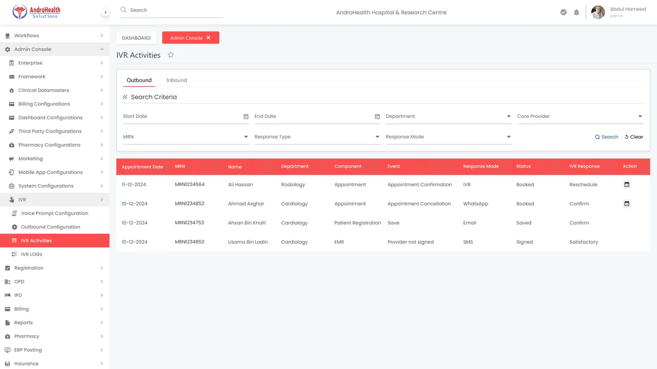 IVR Activities list showing triggered transactions and responses