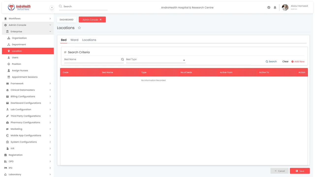 Beds list under Admin Console Enterprise Locations