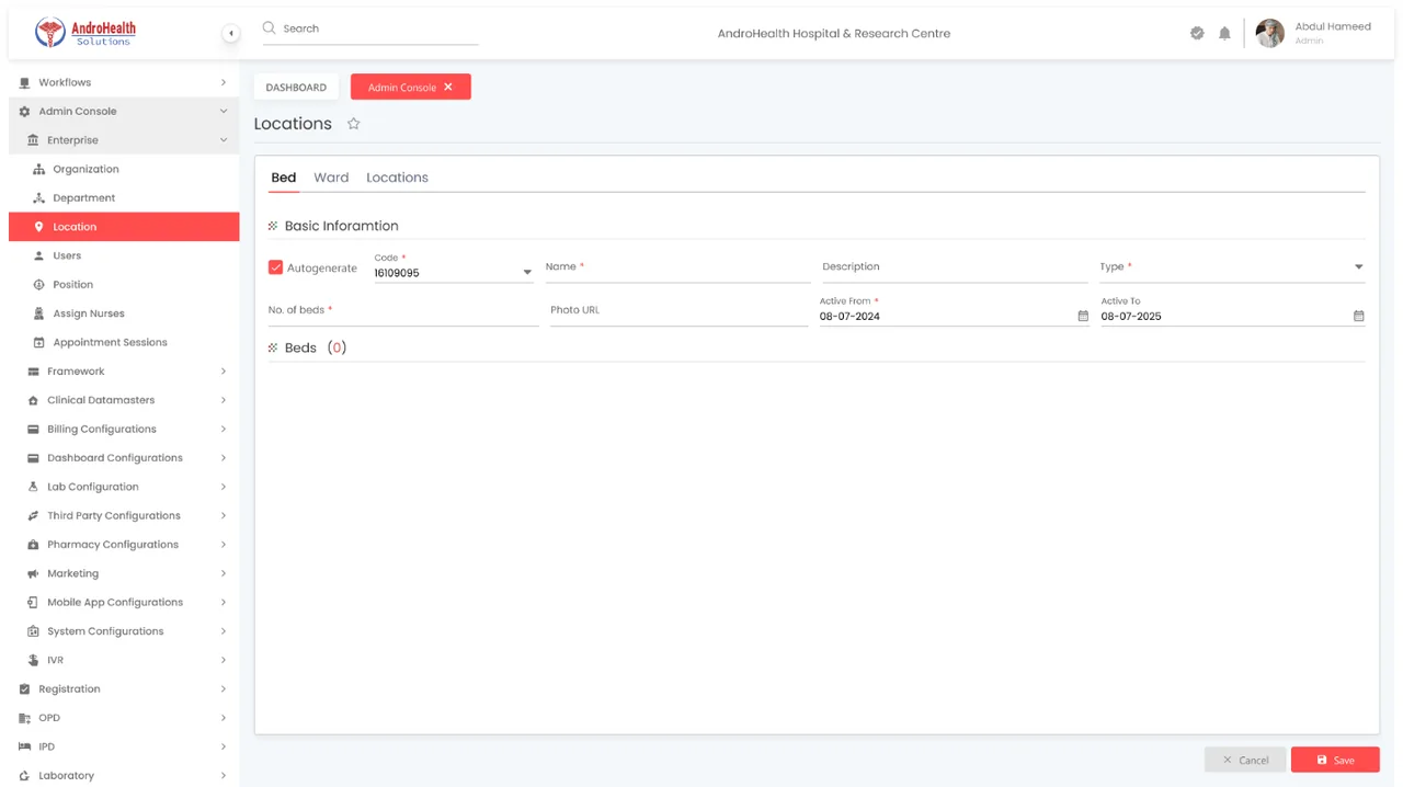 Add Bed form with bed type and number of beds