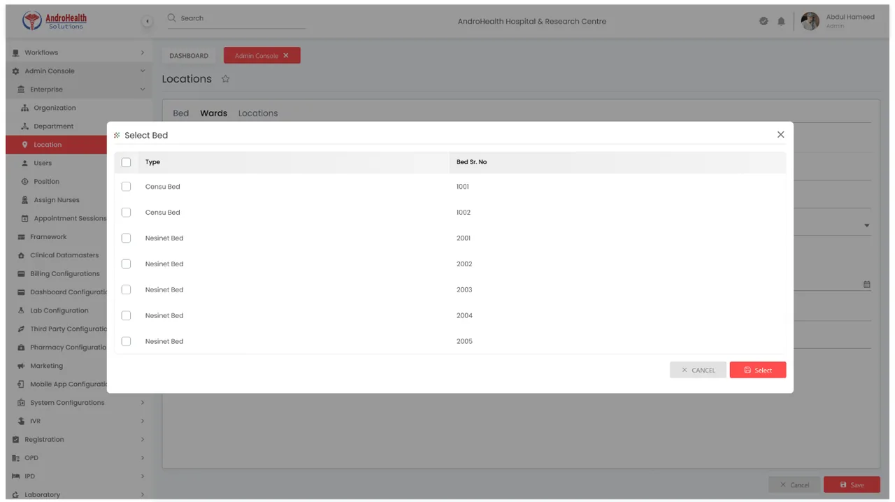 Select Beds popup listing unassigned beds to add to a ward