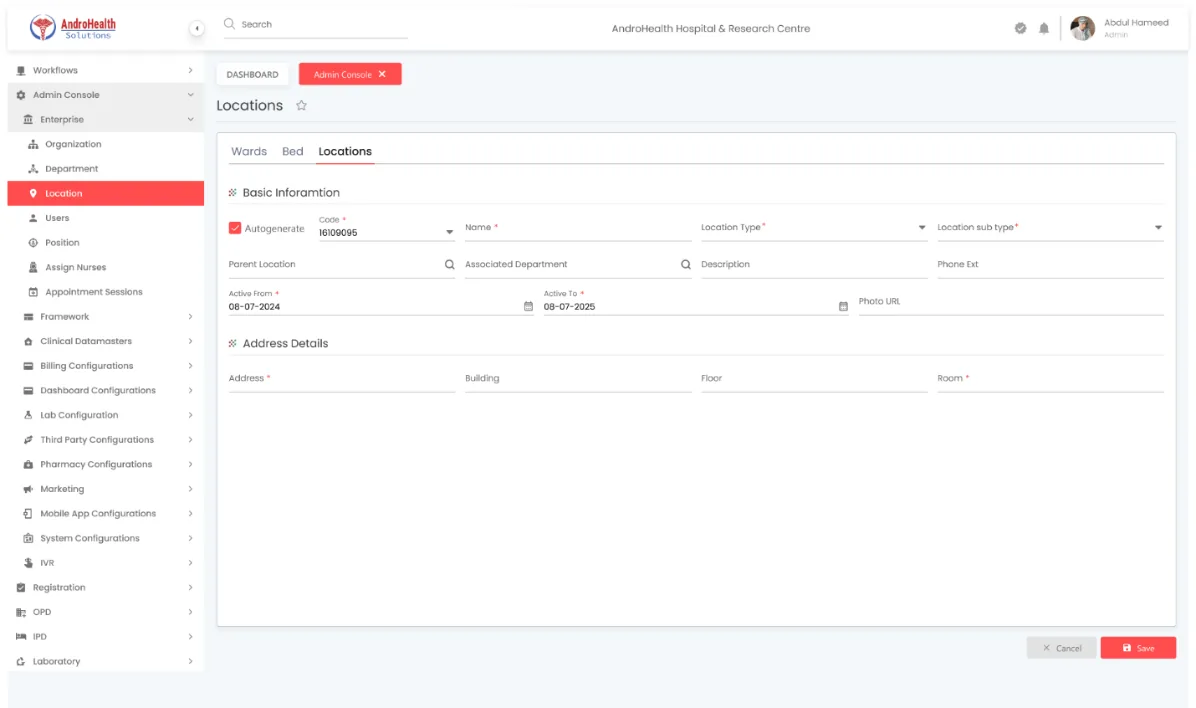 Add Location form with type-specific fields