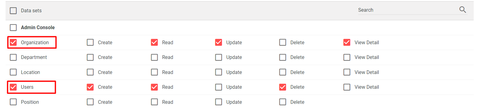 تكوين الصلاحيات في اندروهيلث يعرض صلاحيات المنظمة والمستخدمين مع مربعات اختيار مُفعّلة بشكل انتقائي