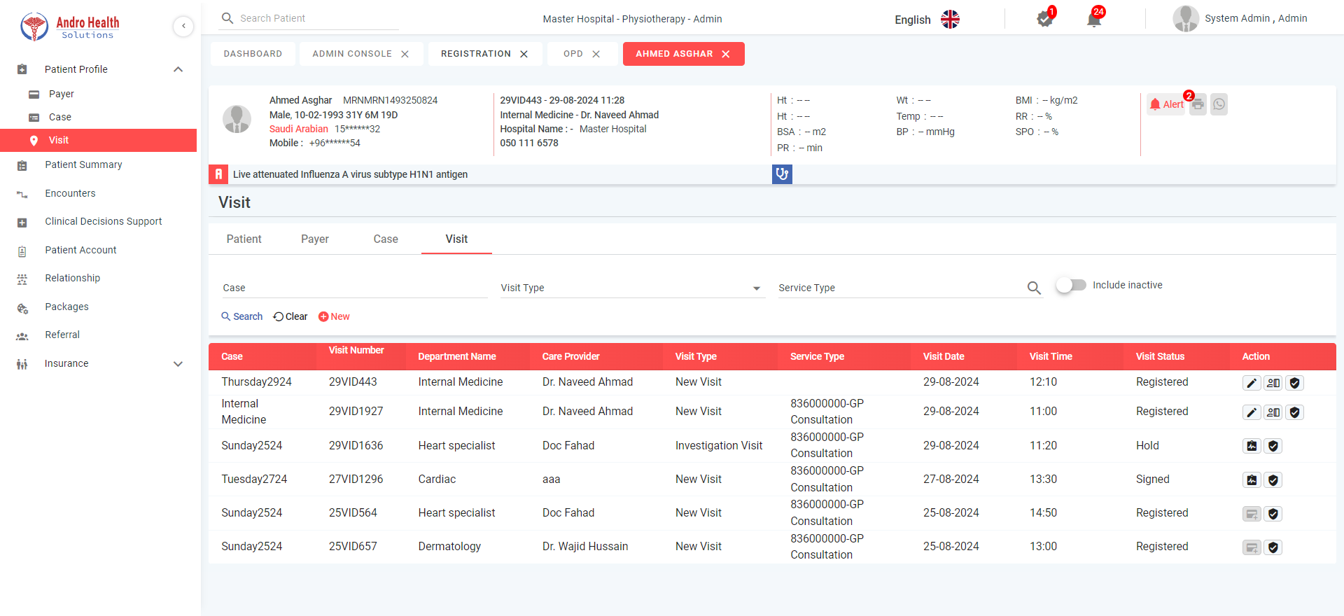 تبويب الزيارات في ملف المريض يعرض قائمة الزيارات مع الحالة والقسم ومقدم الرعاية وحالة الزيارة