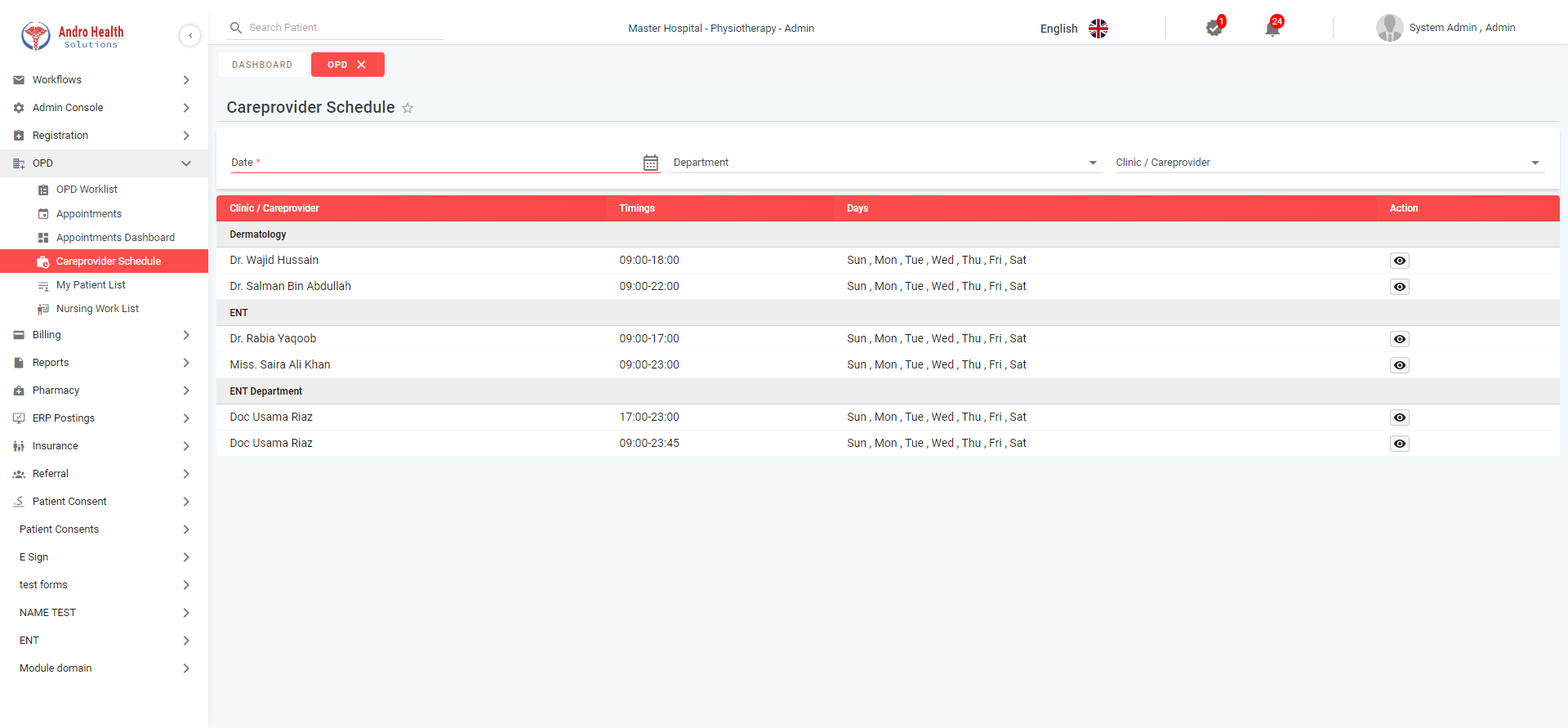 قائمة جداول مقدمي الرعاية في اندروهيلث تعرض الأطباء مع أقسامهم وأوقاتهم وأيامهم وحالتهم