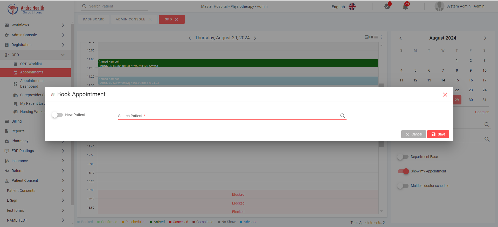 تقويم المواعيد في اندروهيلث مع نافذة حجز الموعد تعرض حقل البحث عن المريض