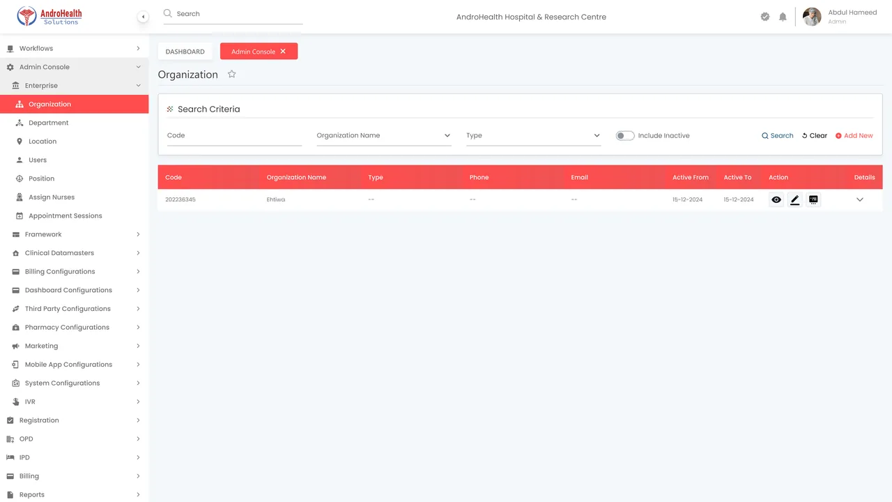Organization hierarchy list in the AndroHealth Enterprise settings