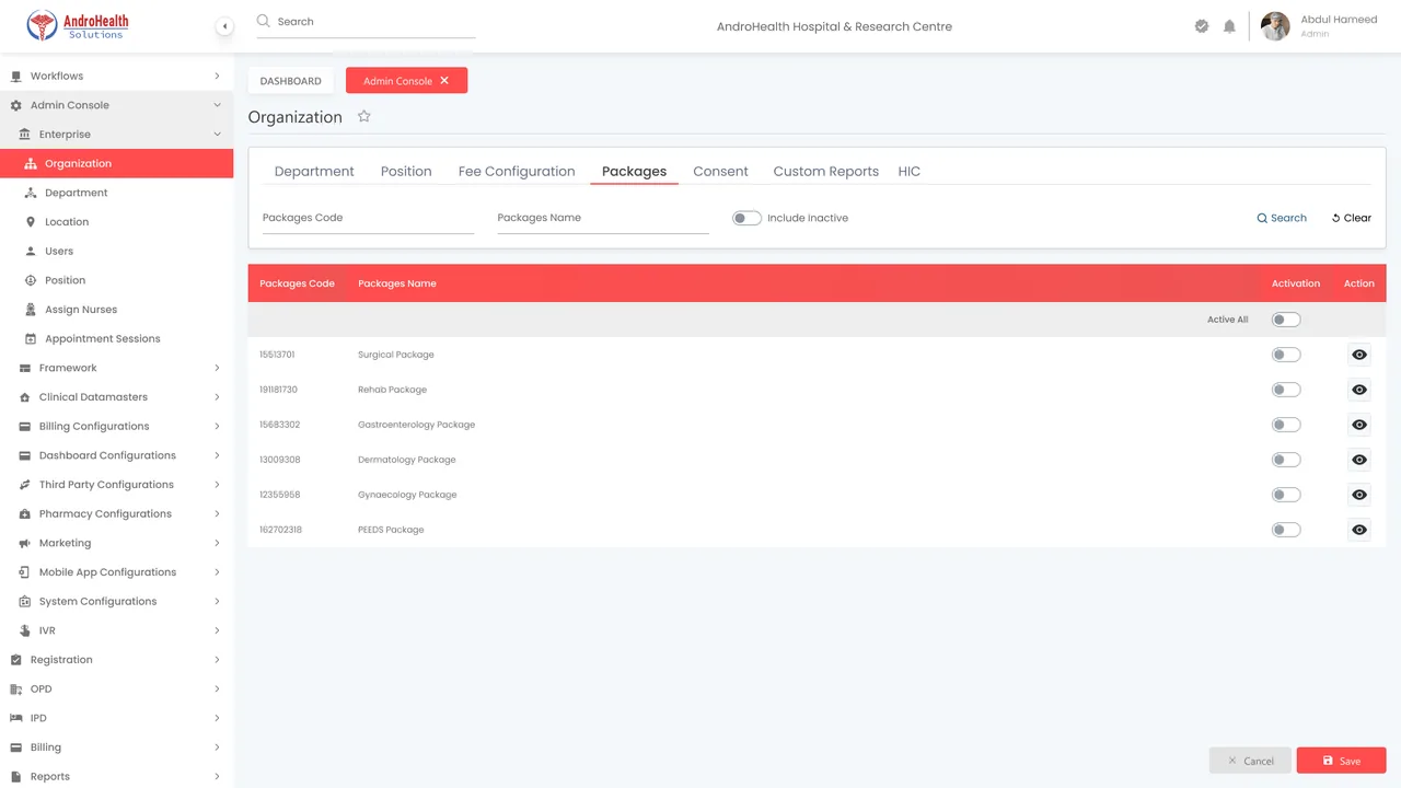Packages configuration for an organization