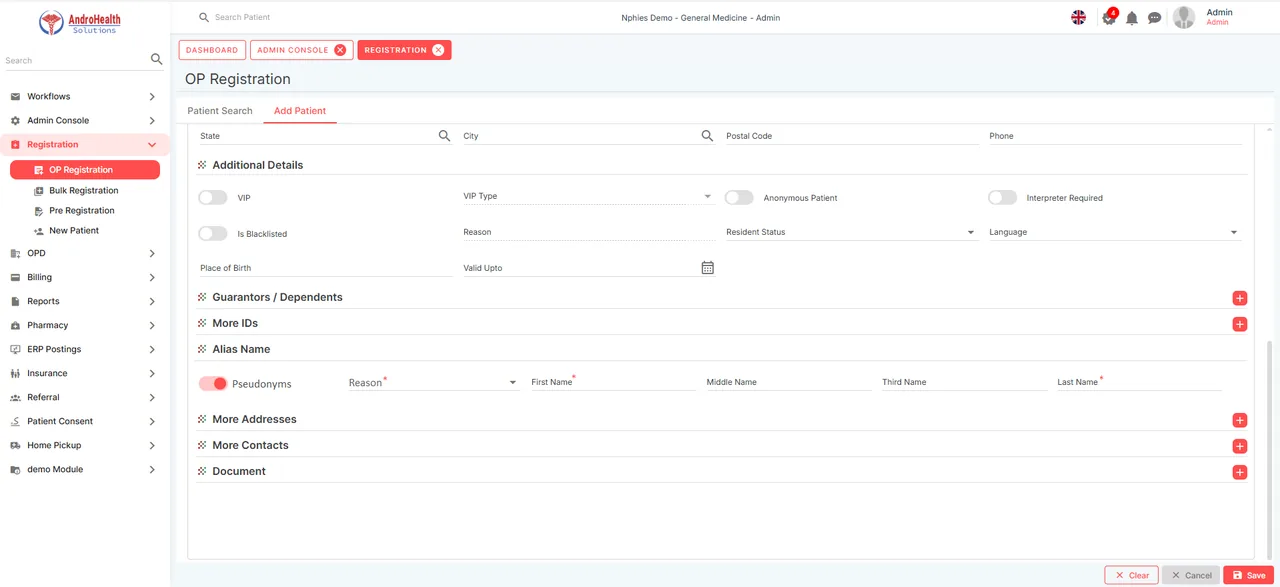 Pseudonyms toggle and alias name fields on the Add Patient form in AndroHealth