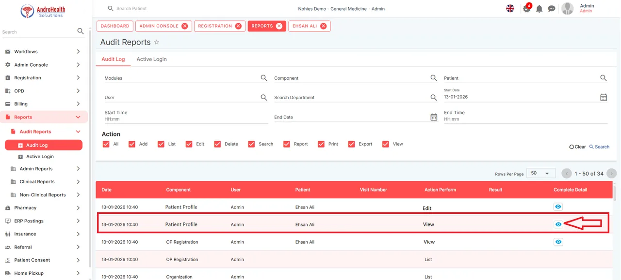 Audit log recording each time a patient's real name is viewed