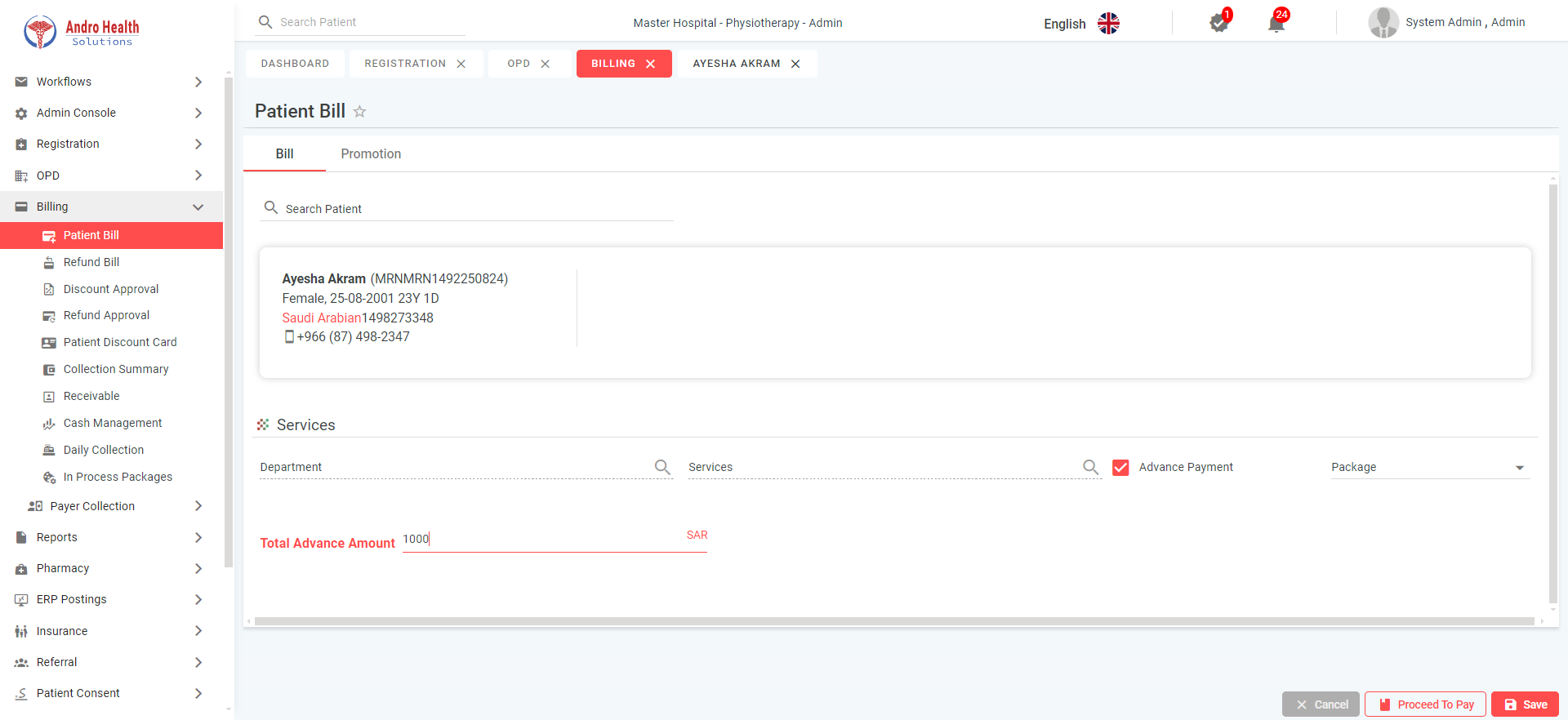 شاشة فاتورة المريض في اندروهيلث تعرض تبويبي الفاتورة والعروض مع تفاصيل المريض وقسم الخدمات